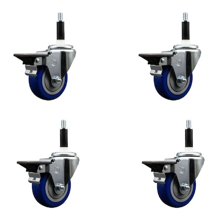 Service Caster 3.5'' Blue Poly Swivel 7/8'' Expanding Stem Caster Set with Brake, 4PK SCC-EX20S3514-PPUB-BLUE-PLB-78-4